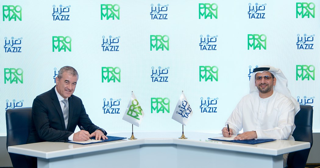 image is Signatories TAZIZ Richard Brink, MD, Proman UAE, Khaleefa Yousef Al Mheiri, TA’ZIZ Acting CEO