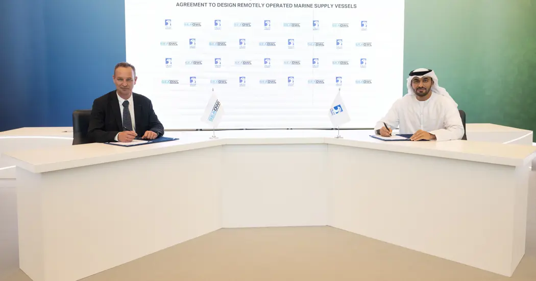 image is Signatories Captain Abdulkareem Al Masabi ADNOC LS CEO And Xavier Génin CEO Seaowl