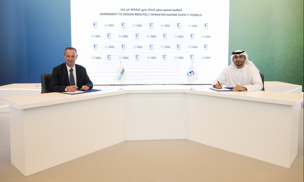 image is Signatories Captain Abdulkareem Al Masabi ADNOC LS CEO And Xavier Génin CEO Seaowl